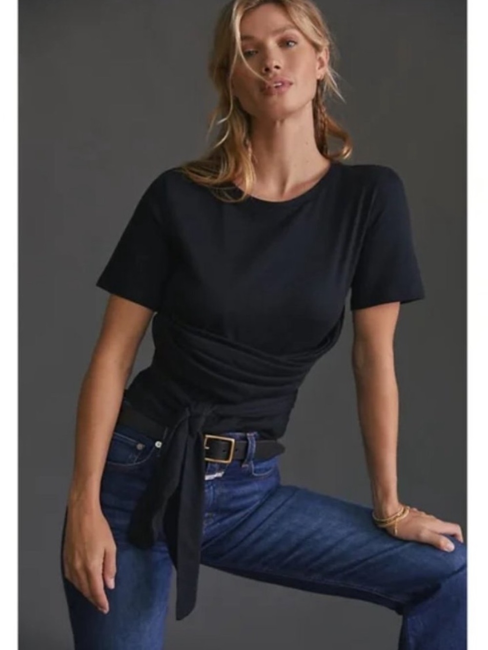 Pilcro Anthropologie Cropped Tie Front Wrap Top Size Small Black Cotton T-Shirt